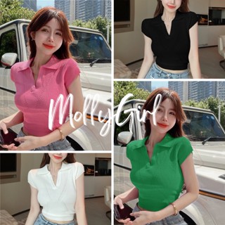 Mollygirl เสื้อครอปคอปก มินิมอลทรงเกาหลี เสื้อยืด 22048#