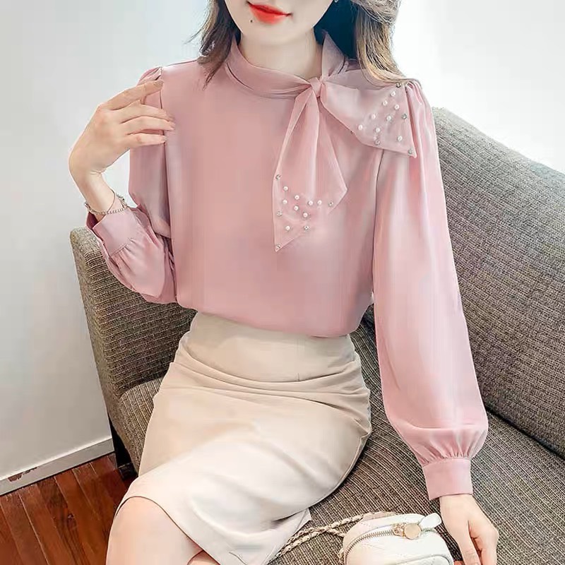 2026 ฤดูใบไม้ร่วงใหม่อุตสาหกรรมหนักลูกปัดยืนคอโบว์เสื้อผู้หญิงแขนยาวชีฟองเสื้อด้านบน💫💫💫