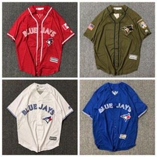 เสื้อกีฬาเบสบอลแขนสั้น ปักลาย BlueJays แนวสตรีทแดนซ์ สไตล์ยุโรป และอเมริกา สําหรับคู่รัก