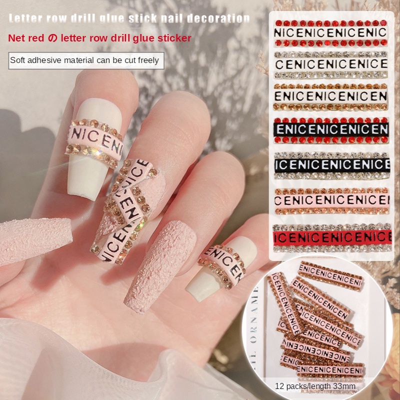 สติ๊กเกอร์ติดเล็บสี 12PC / สติ๊กเกอร์ติดเล็บ Rhinestone ตัวอักษรภาษาอังกฤษ / เทปตกแต่งเล็บแวว DIY