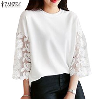 ZANZEA Women Korean Casual Solid 3/4 Sleeve O Neck Lace Patchwork Tops