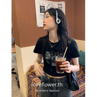 love flower เสื้อยืดแขนสั้น แขนห้าส่วน แบบเข้ารูป สีดํา สไตล์วินเทจ เซ็กซี่ แฟชั่นฤดูร้อน สําหรับผู้หญิง