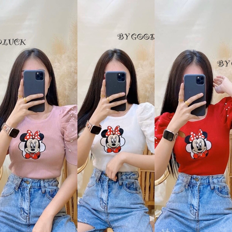 SpinnyHouse มินิครอปท็อป ทรงแขนสั้นจั๊มชายแต่งไหล่ตุ๊กตา คอวีผ่าหน้าแต่งลูกไม้แถบชายเอว ริบบิ้นโบว์ลูกไม้ ผักต้ม