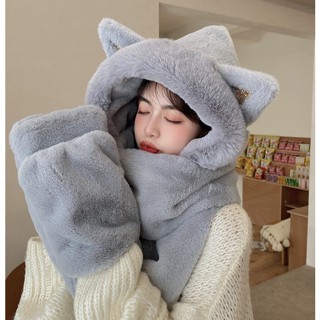 หมวกแมวป่าน่ารัก พร้อมถุงมือ และผ้าพันคอ กันหนาวที่แสนนุ่มนวล Hood Cat scarf glove Wolf Fashion Winter wildproof fur