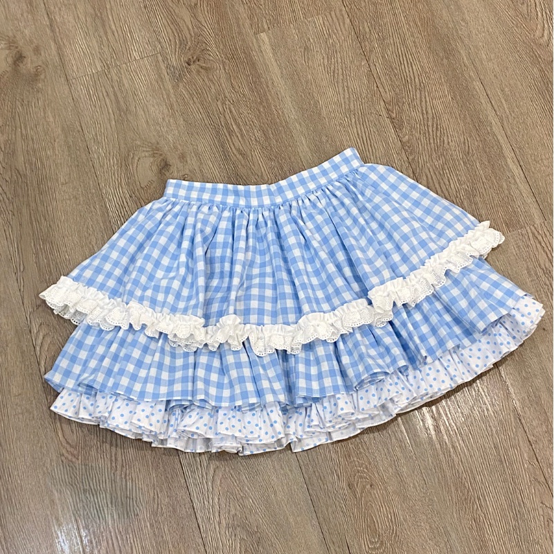 Kawaii Blue Plaid Lolita Mini Skirts Women Japan Sweet Polka Dot Print Ruffles Lace Patchwork JK Skirt Girl Princess Par