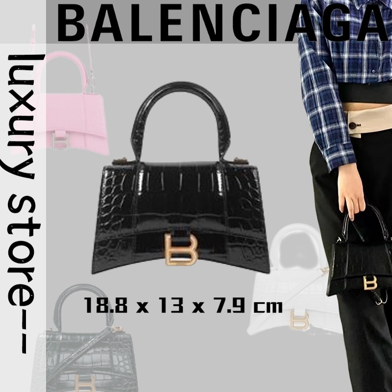 Balenciaga HOURGLASS Plus Small Crocodile Embossed Handbag Hourglass Bag/ลายจระเข้/กระเป๋านาฬิกาทราย