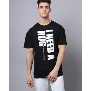 Mens Black Typography Oversized T-shirt เสื้อยืด cotton เสื้อทหาร เสื้อคู่รัก