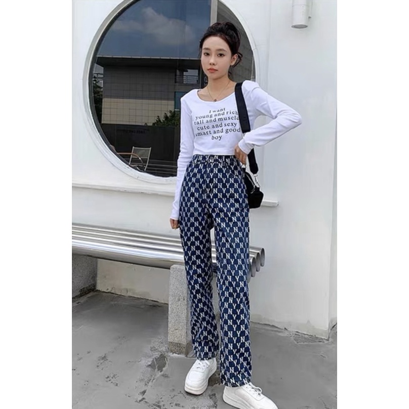 MLB พร้อมส่ง💙 ของแท้💯%กางเกงยีนส์เเฟชั่นรุ่นใหม่วันรุ่นพิมพ์ลายวินเทจ