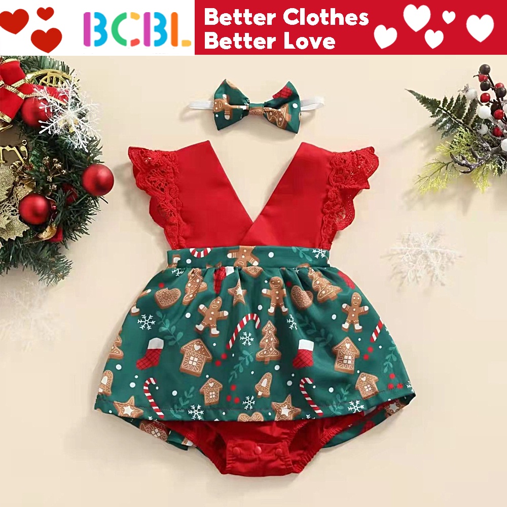 ชุดเดรสรอมเปอร์ แขนกุด แต่งลูกไม้ พร้อมที่คาดศีรษะ ลาย My First Christmas สําหรับเด็กทารกผู้หญิง