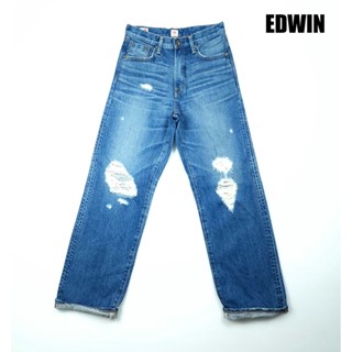 ยีนส์ริมแดง Selvedge Edwin เอว 28 ผ้าด้าน แต่งขาดเดิม ทรงเอวสูง ขากระบอกใหญ่ Made in Japan