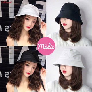 𝑴𝒆𝒅𝒊𝒄 วิกผม หมวกวิกผม ผมสีน้ำตาลเข้ม ถอดได้ Wig cap ยาวปานกลาง ผมหยิก แฮร์พีช หมวกสองสี แฮร์พีชผม