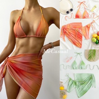 *พร้อมส่ง* BIKINI SET 3ชิ้น บิกินี่สายฝอ ไล่สี พร้อมผ้าคลุมบิกินี่ 2 สี ส้ม,เขียว