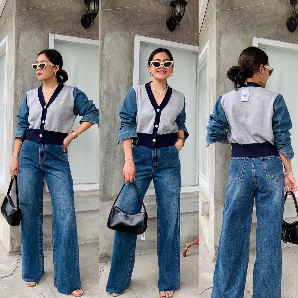 *9-98VG เสื้อคลุมไหมพรมคอวีตัดต่อแขนยีนส์ เทา สวยเก๋ปัง ครบจบที่รุ่นเดียว ดีแทลตัดต่อเป็นแขนยีนส์  s