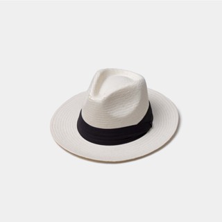 Fedora Hat Beige Black Ribbon-หมวกสีขาวริบบิ้นดำ