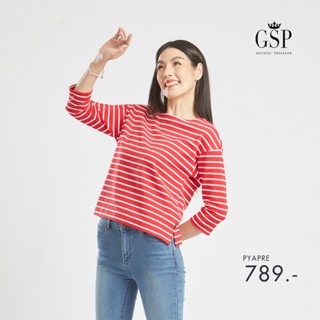 GSP เสื้อยืด เสื้อยืดผู้หญิง แขนยาว ลายริ้วขาวแดง ใส่สบาย สีสันสดใส (PYAPRE)