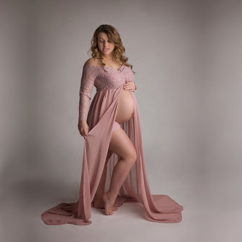 ADusty Pink Long Chiffon Maternity Photography Dress Sweet Heart Maternity Lace Dresses For Photo Shoot Slit Open Pregna #7