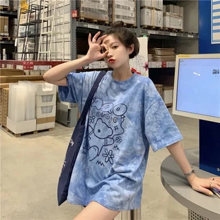 เสื้อยืดผู้หญิงแฟชั่น ส่วนยาวหลวมของเวอร์ชั่นเกาหลีของฮาราจูกุสไตล์มัดย้อมเสื้อยืดเสื้อคู่รัก ใส่สบาย#1036