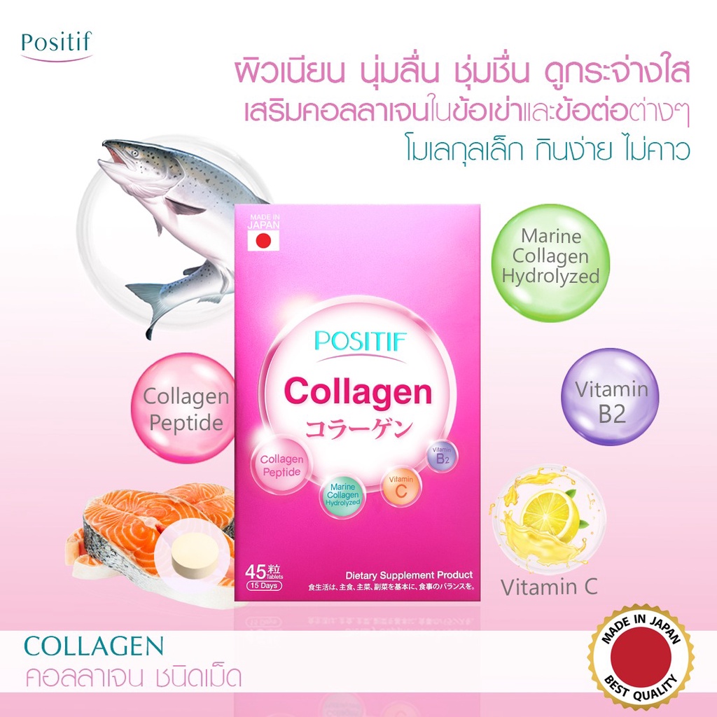 Positif Collagen โพสิทีฟ คอลลาเจน ชนิดเม็ด ขนาดรับประทาน 15 วัน คอลลาเจนเปปไทด์ คอลลาเจนไฮโดรไลซ์ วิตามินซี วิตามิน บี2