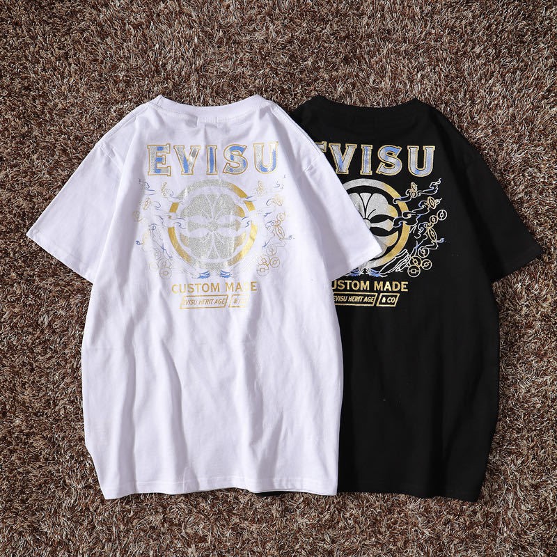 T-Shirt ❀✷◈ม้าศึกแขนสั้นเสื้อยืด War Horse▬Summer EVISU new Fushen แขนสั้นกลับด้านหลัง เสื้อยืดผ้าฝ้ายพิมพ์ลาย big M นัก