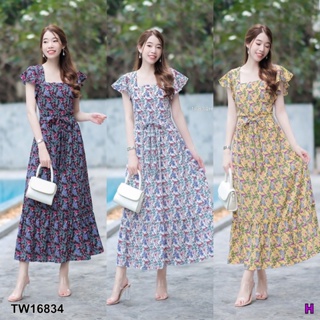 TT16834 แม็กซี่เดรส คอเหลี่ยมแขนระบาย ลายดอก.Maxi dress, square neck, fringe sleeves, floral pattern..