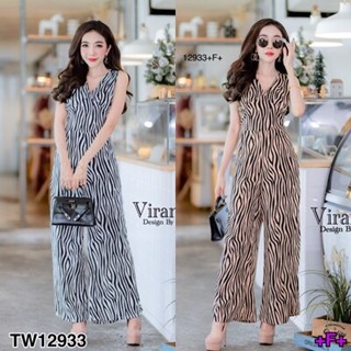 [Ead Shop]  Jumpsuit  จั๊มสูทขายาว คอวี ลายม้าลาย Long-sleeved V-neck jumpsuit with zebra print