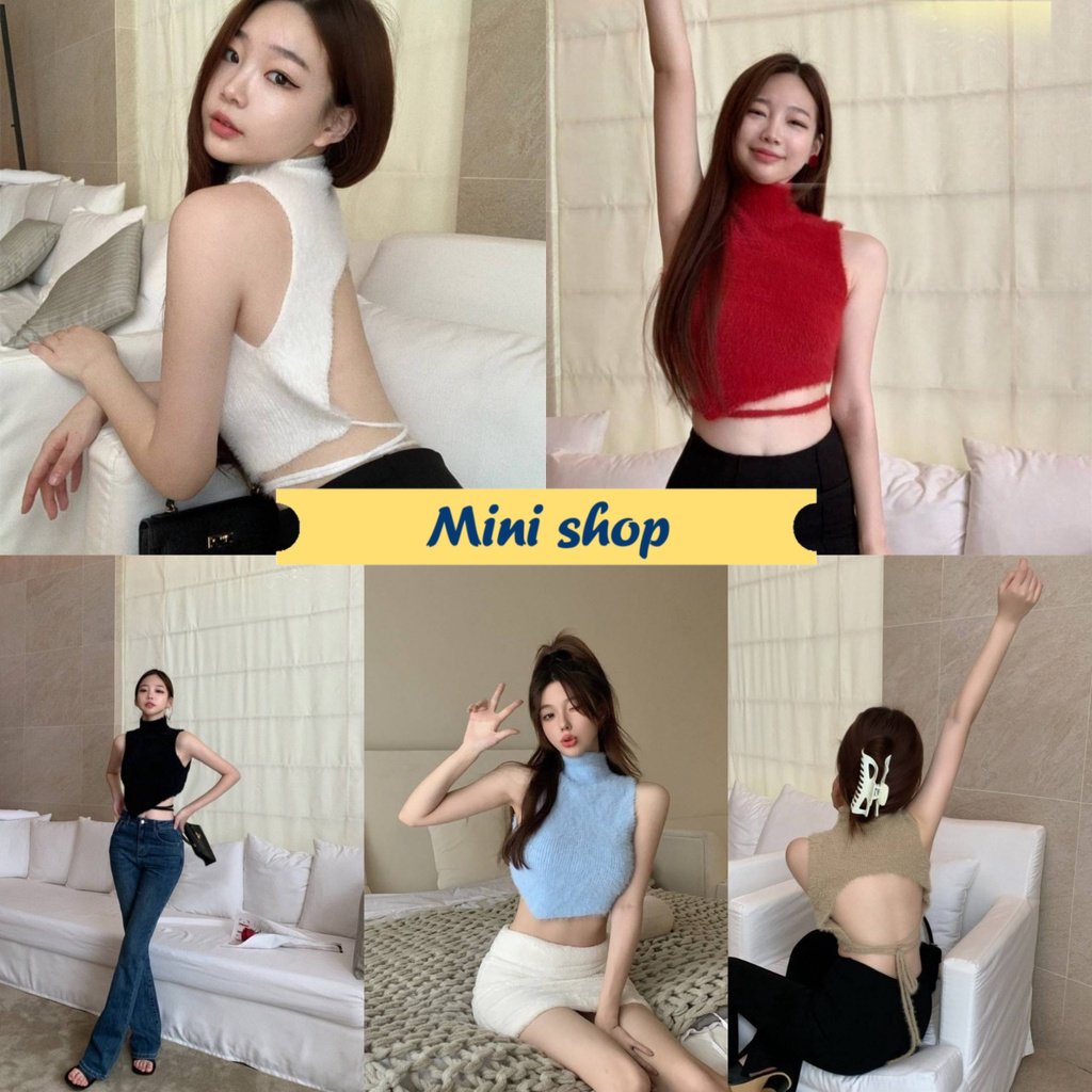 Mini shop พร้อมส่ง (94162) เสื้อไหมพรมแขนกุด ดีเทลผ้าขนมุ้งมิ้ง เว้าหลังสุดแซ่บ