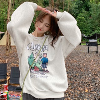 womens korean style sweatshirt with round neck print American retro print sweatshirt