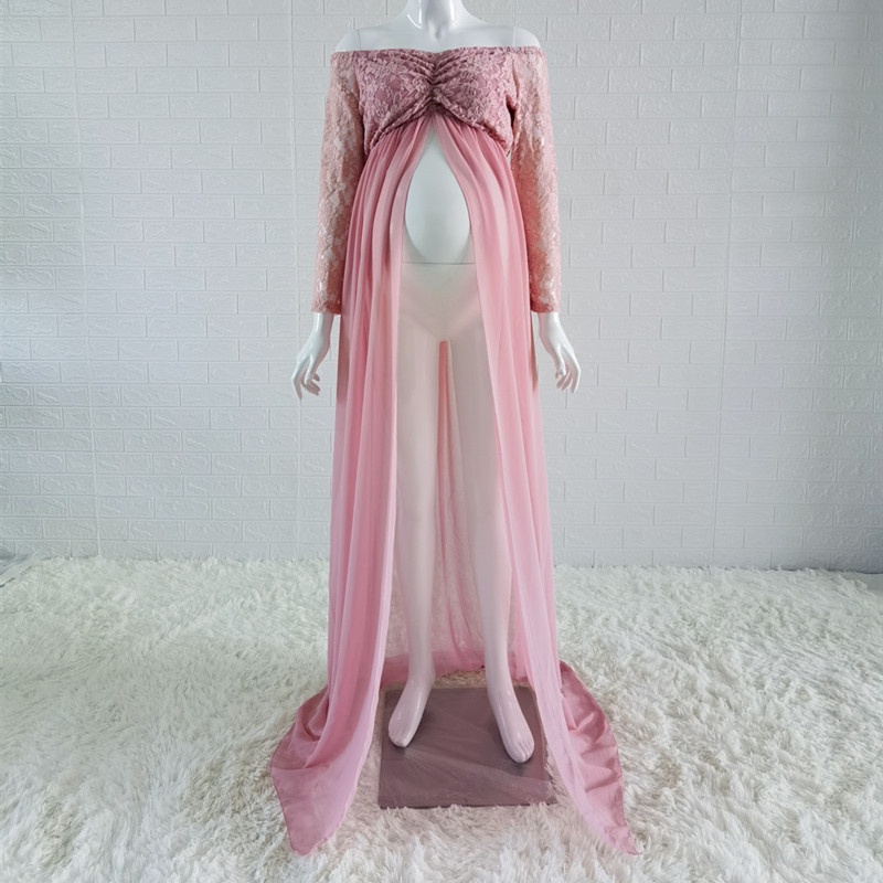 ADusty Pink Long Chiffon Maternity Photography Dress Sweet Heart Maternity Lace Dresses For Photo Shoot Slit Open Pregna #3