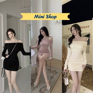 Mini shop🌸พร้อมส่ง🌸 (98117-3) ชุดเดรสไหมพรม แขนยาว เปิดไหล่ ผ้าร่อง ดีเทลปรับความยาวได้