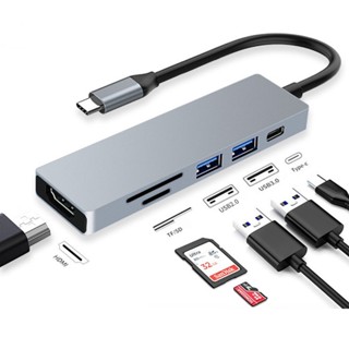 【ฮับ Usb C 6-in-1】อะแดปเตอร์มัลติฟังก์ชั่น พร้อมสาย Type-C เป็น USB 3.0 USB 2.0 Type-C เป็น 4K HDMI SD TF การ์ดรีดเดอร์ พอร์ต PD สําหรับแล็ปท็อป macbook air pro huawei matebook asus