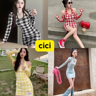 CICI🍓พร้อมส่ง🍍(28628/28628-1)มินิเดรสคล้องคอ+เสื้อคลุมไหล่ไหมพรมลายชิโน ทรงสวยเข้ารูป สวยหรูแพงเวอร์