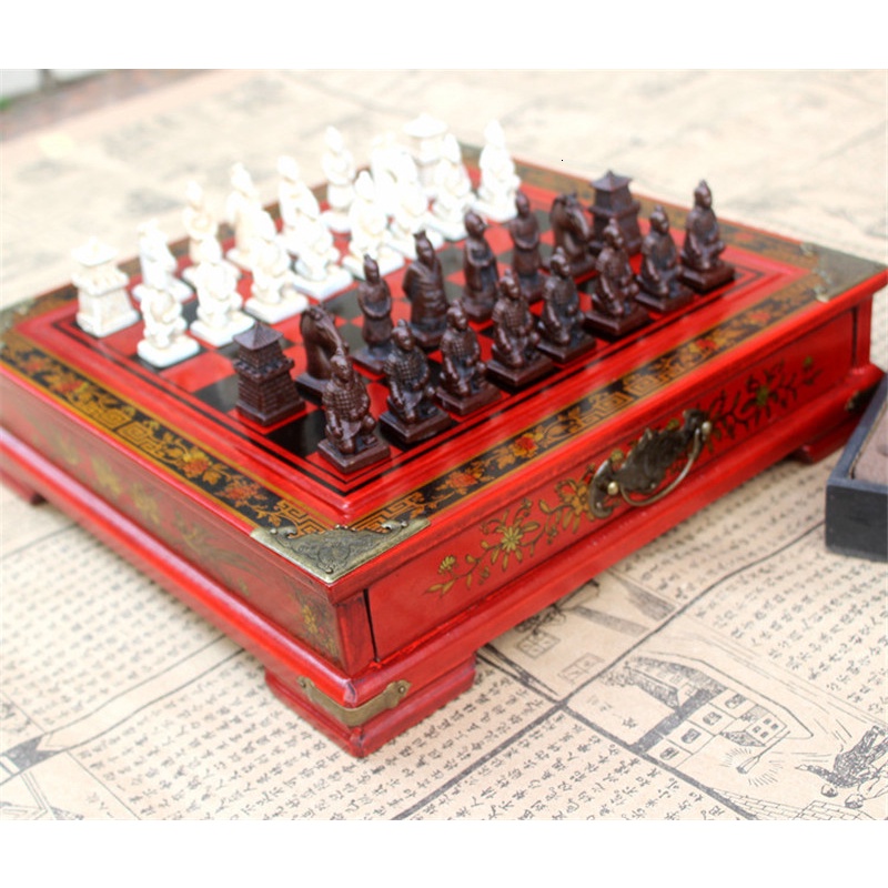 Archaistic Chess Set Chinese Terracotta Warriors Chess Pieces Wooden Chessboard 26CM Three-dimensional Table Chessboard