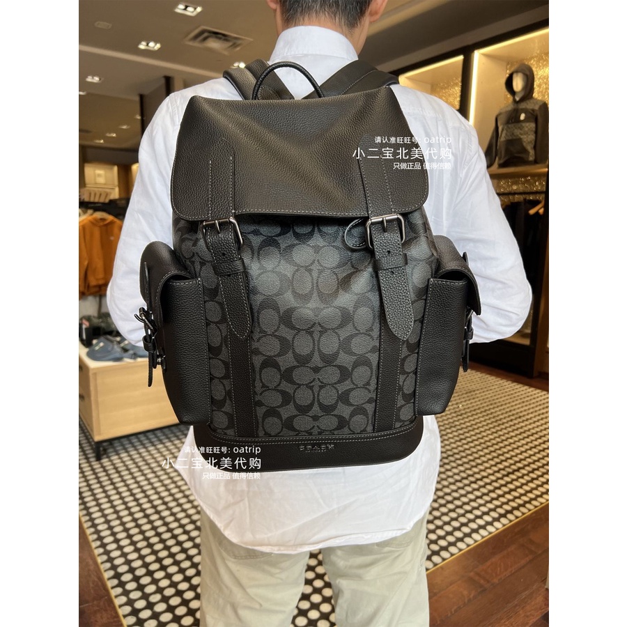 กระเป๋า coach ของแท้☫COACH Men s Trend Flap Backpack hudson Drawstring Leather Travel กระเป๋าคอมพิวเตอร์ 837 839