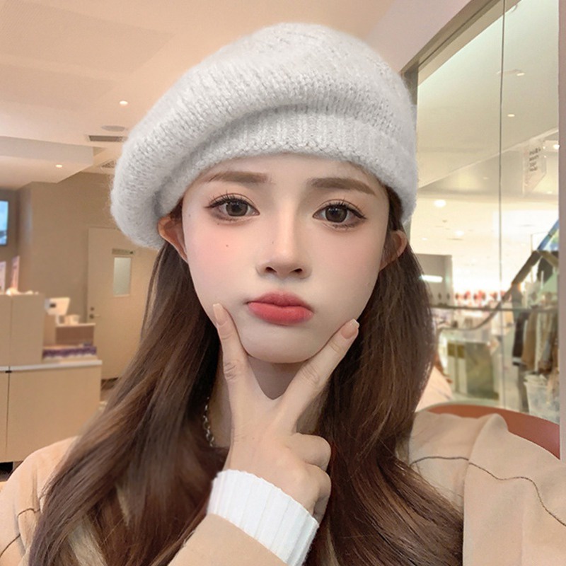 หมวกเบเร่ต์ ผ้าวูลถักนิตติ้ง สไตล์เรโทร สําหรับผู้หญิง