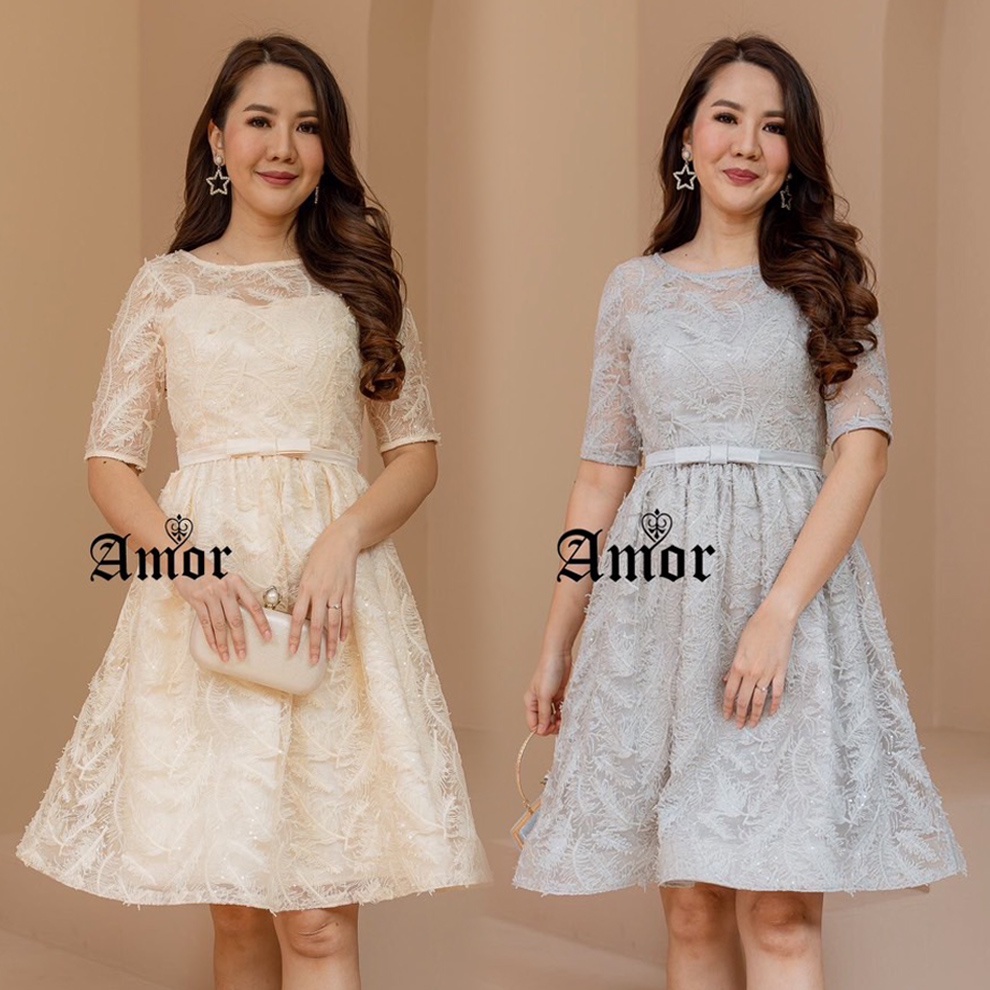 M-4XL ชุดเดรสลูกไม้ขนนก ชุดราตรี สีครีม/สีเทา