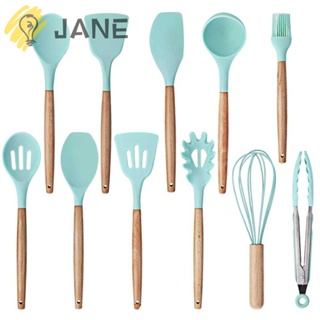 JANE 1PC Wooden Handle Cooking Utensil Tableware Soup Spoon Silicone Cookware Pasta Colander Brush Non-stick Kitchen &amp; Dining Spatula