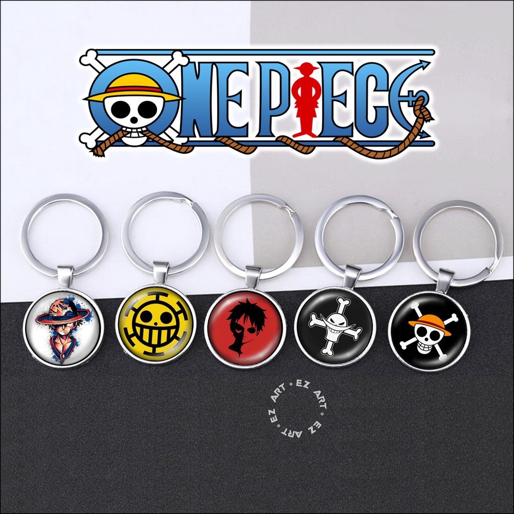 GANTUNGAN [EZ Art] ANIME ONE PIECE LUFFY HEART PIRITES KEYCHAIN ROUND PENDANT CONVEX GLASS