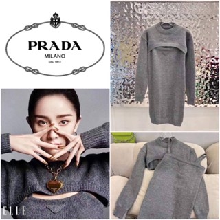 ชุดเซ็ต Prada เสื้อไหมพรมแขนยาวตัวสั้น + เดรสสายเดี่ยวไหมพรมสีเทา