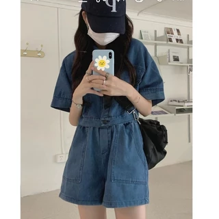 Cicishop(0890) JeansSet เซตเสื้อเชิ้ตครอป+กางเกงขาสั้น ผ้ายีนส์จับคู่แมตช์สุดคิ้วท์ สไตล์สายเกา