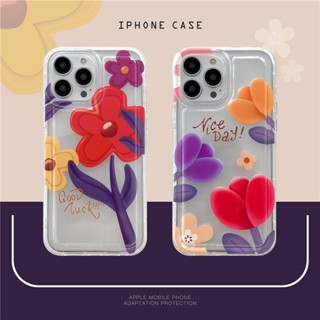 เคสโทรศัพท์มือถือ ซิลิโคนแข็ง กันกระแทก กรอบสี่เหลี่ยม ลายการ์ตูนภาพวาดดอกไม้ คริสตัลใส สําหรับ IPhone 11 Case 14 13 12 Pro Max