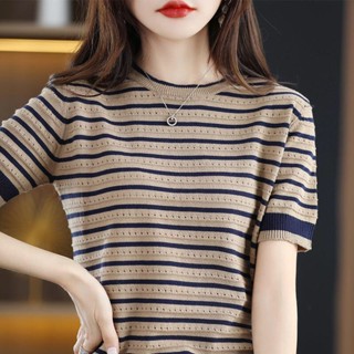 (พร้อมส่ง#60107)*เสื้อยืดไหมพรม* ผ้านิ่มดีมาก แขนสั้น* ลายทาง ทรงเกาหลี