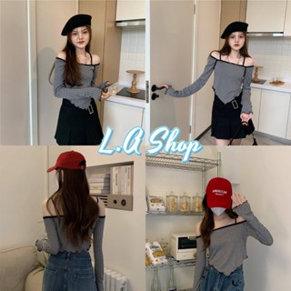 L.A Shop พร้อมส่ง  เสื้อเปิดไหล่ ไหมพรม ลายตารางเล็กผ้าพริ้กใส่สบายคิ้วมาก "56086"