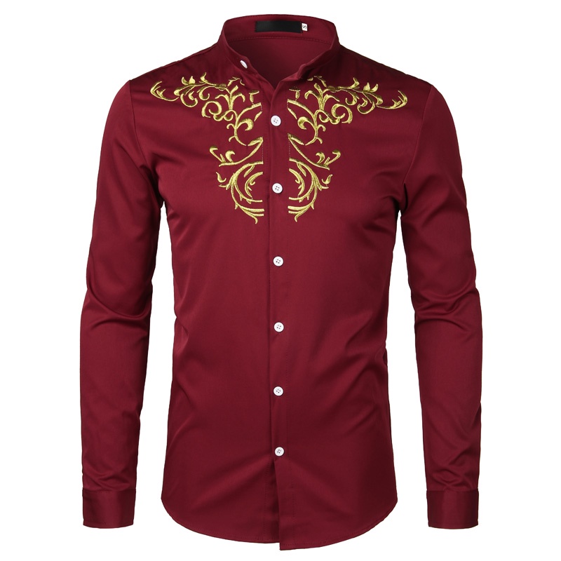 Gold Flower Embroidery Shirt Men Long Sleeve Chemise Homme New Solid Color White Dress Shirts Mens Slim Fit Wedding Cami #2