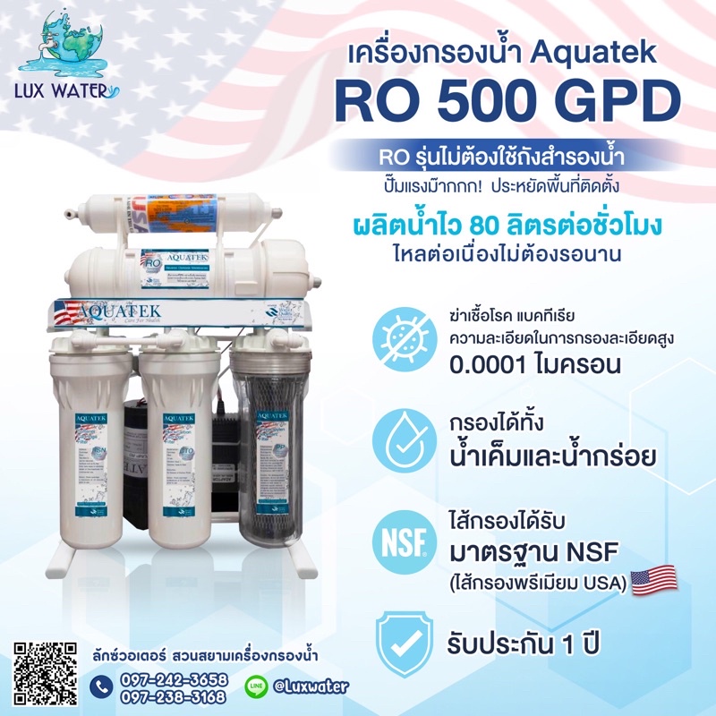 [โค้ดลดสูงสุด1000บาท*เครดิตเงินคืน] 🇺🇸 เครื่องกรองน้ำ Aquatek RO 500 GPD ประกัน 1 ปี (และมีบริการติด