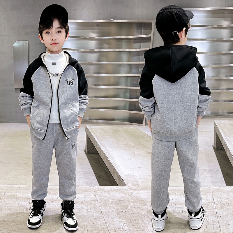 110-160เซนติเมตรชายขนแกะ-ขนแกะคลุมด้วยผ้าเสื้อกันหนาวสูทแจ็คเก็ต+กางเกงฤดูใบไม้ร่วงฤดูหนาวหนาแจ็คเก็ตที่อบอุ่นเวอร์ชั่นเกาหลีเด็กเสื้อผ้าเด็กสบายๆกีฬาคาร์ดิแกนสอง @