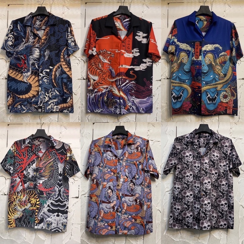 เสื้อฮาวายลายมังกร สิงโตญี่ปุ่น ไซส์ m l xl 2xl 3xl 4xl ผ้าซาตินอิตาลี่💯% ผ้านิ่มสวมใส่สบายไม่ร้อน ใส่ได้ทั้งชายและหญิง