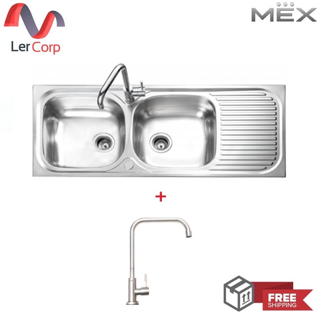 [0% 10 เดือน] (MEX) อ่างล้างจาน 2 หลุม 1 ที่พัก MEX รุ่น MS200B + ก๊อกน้ำ TP230