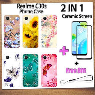 2 IN 1 Realme C30s เคสโทรศัพท์ พร้อมกระจกนิรภัยกันรอยหน้าจอ เซรามิค ฟิล์มโค้ง ผีเสื้อ