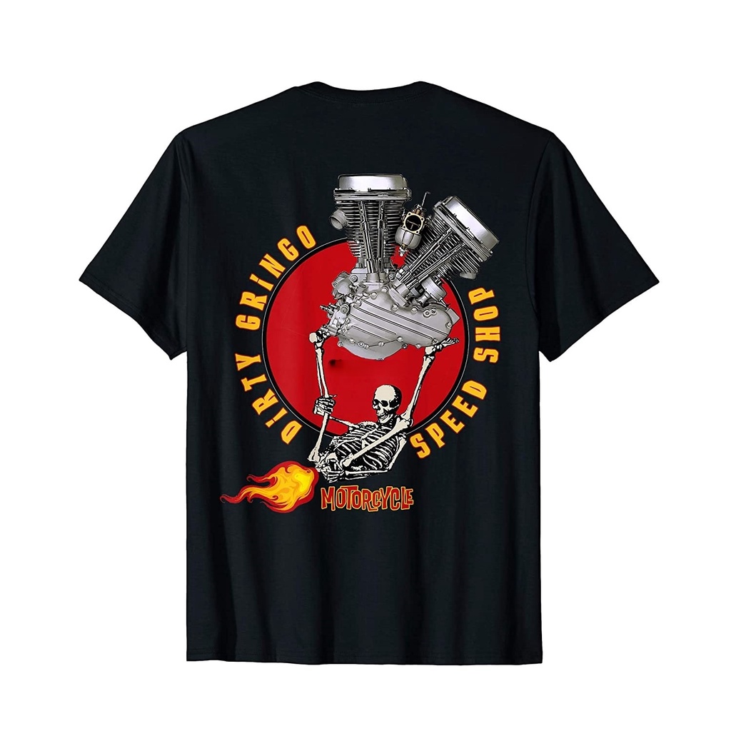 The Dirty Gringo Speed Shop Fire Fart Skeleton Panhead Vtwin เสื้อยืด