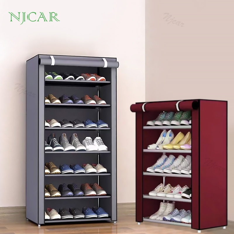 NJCAR S204-F4 ชั้นวางรองเท้า โครงเหล็กกันสนิม DIY หลายชั้น พร้อมผ้าคลุม 3 4 5 ชั้น